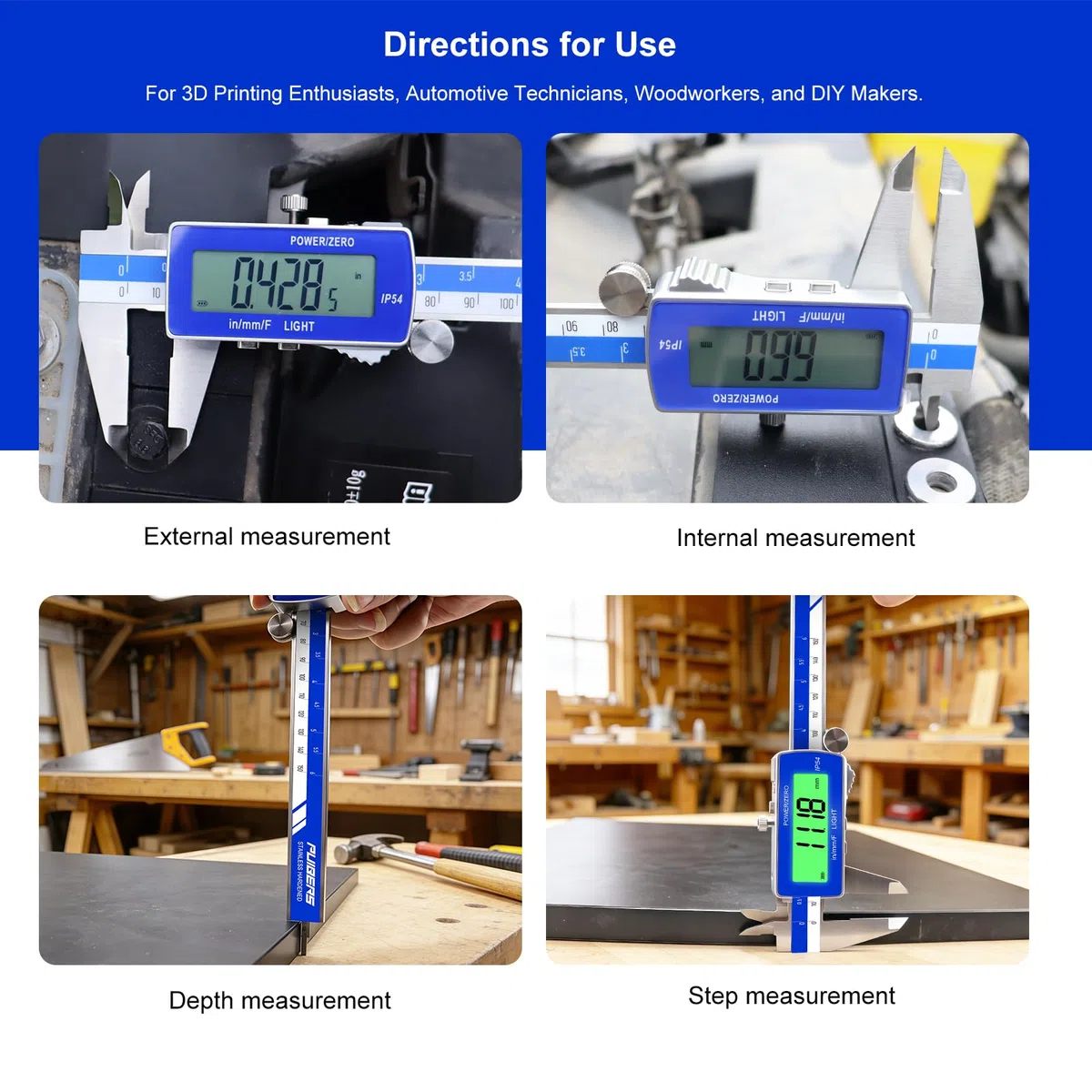 electronic calipers, IN/MM, waterproof electronic display, precise measurement.