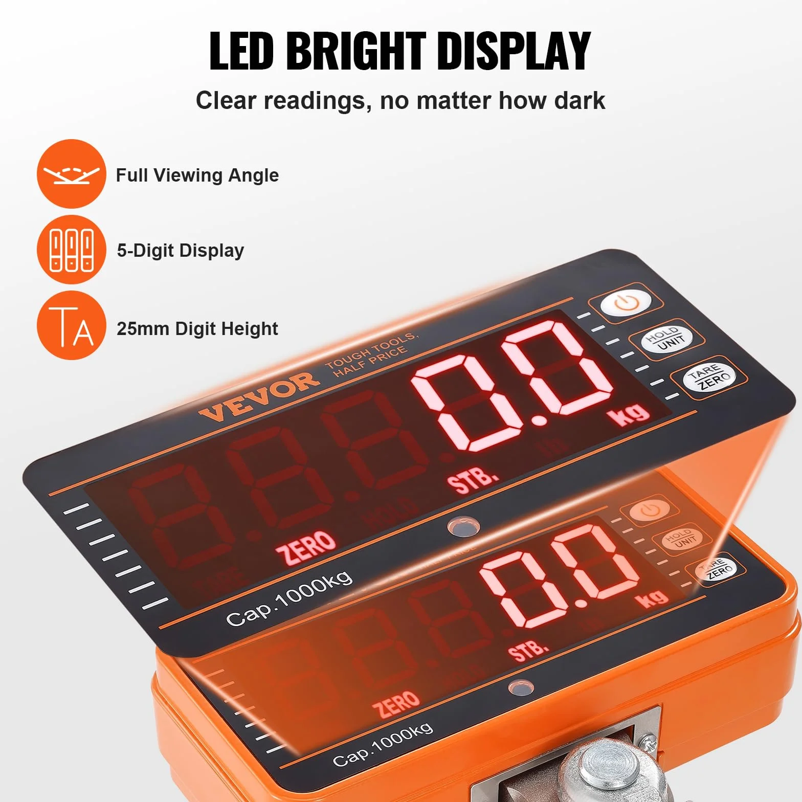 VEVOR Digitale Hängewaage 9 bis 1000kg Kranwaage lbs/kg/N Zugwaage 0,2kg Genauigkeit Wildwaage Industriewaage LED-Display Hängende Waage Mini tragbare Waage mit Fernbedienung 9 Funktionen