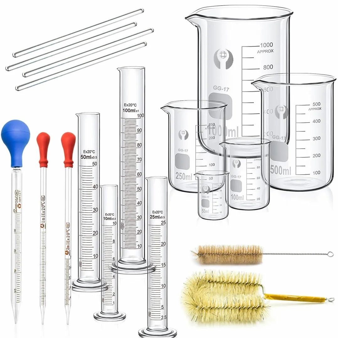 Becherglas Zylinder Pipetten Set, JESSTOLO 5 Stück Dickglas Graduierten Becherglas, 4 Stück Glasmesszylinder mit 3 Stück Glas Messpipetten Pipetten, 4 Stück Glas Rührstab und 2 Stück Waschbürste