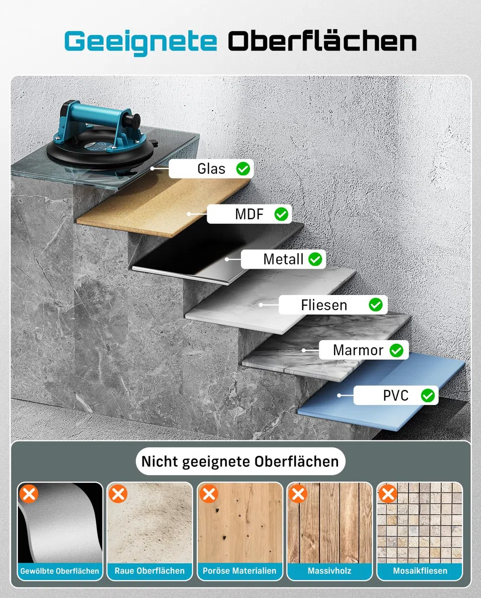 SEESII Vakuum Saugheber Fliesen, 2er-Set 8" Glassauger Tragkraft Max.200KG, Fliesenheber für Glas, Marmor, Laminat & Terrassenplatten, Vakuumheber Glasheber mit Tragbarer Werkzeugkasten