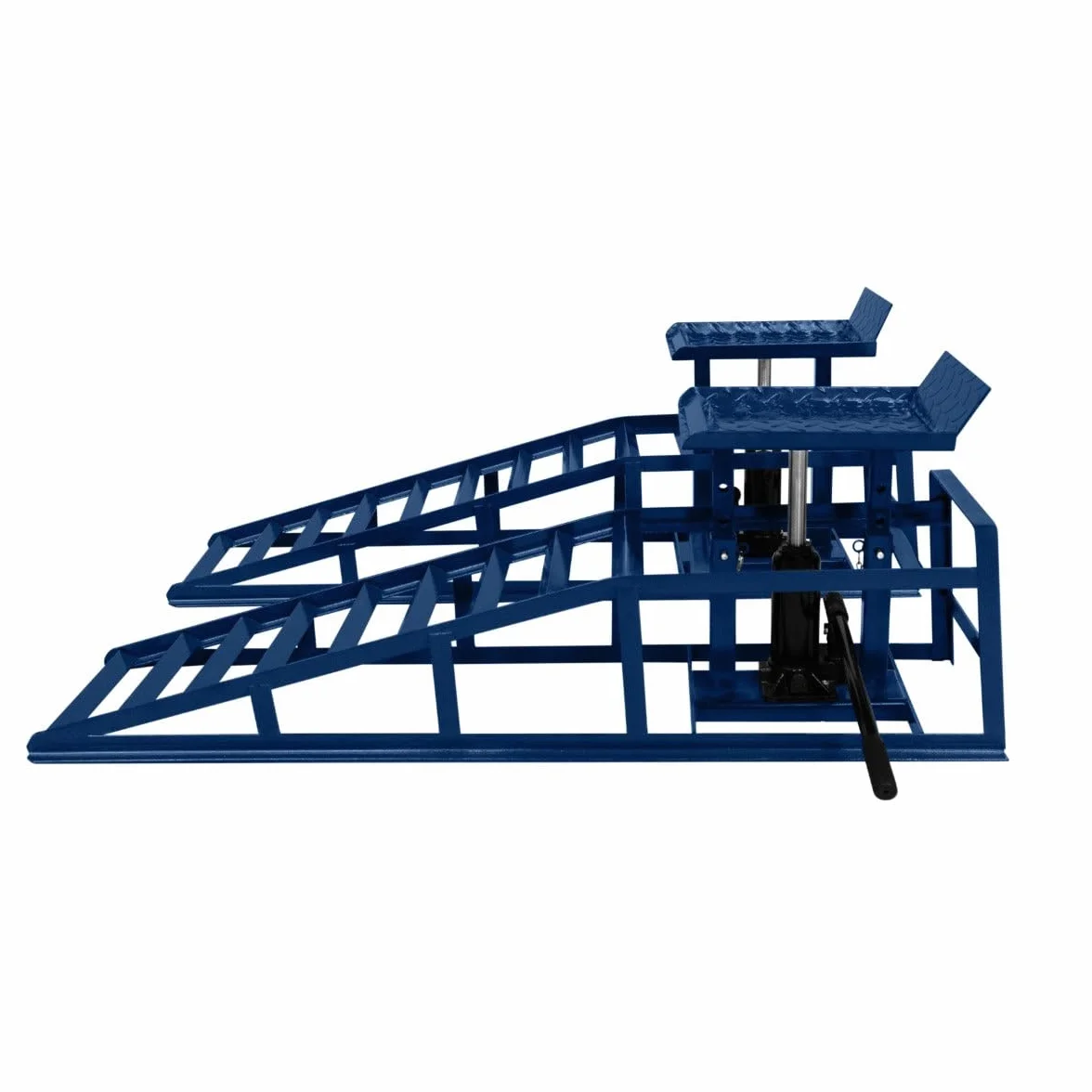 2x Auffahrrampen Set mit hydraulischem Wagenheber 3T 3000kg | Garage Werkstatt Auto PKW KFZ | 270-390mm höhenverstellbar | 34x26cm Plattform | 245mm Max Reifenbreite | Blauer Stahl + Sicherungsbolzen
