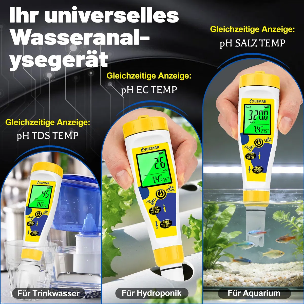 UIUZMAR pH Wert und Chlor Messgerät Pool, 7-in-1 pH Salzgehalt EC TDS ORP Messgerät für Hydroponik Aquarium