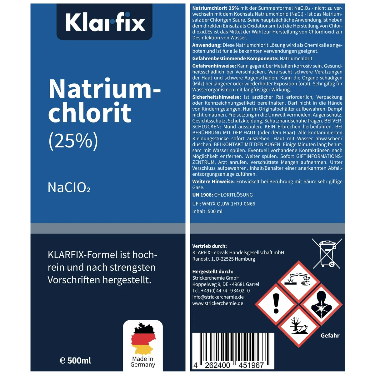 Natriumchlorit 25 % | Starkes Oxidationsmittel zur Herstellung von Chlordioxid | Für Wasseraufbereitung, Desinfektion & Bleichmittel | Technisches Konzentrat (2x 500ml)