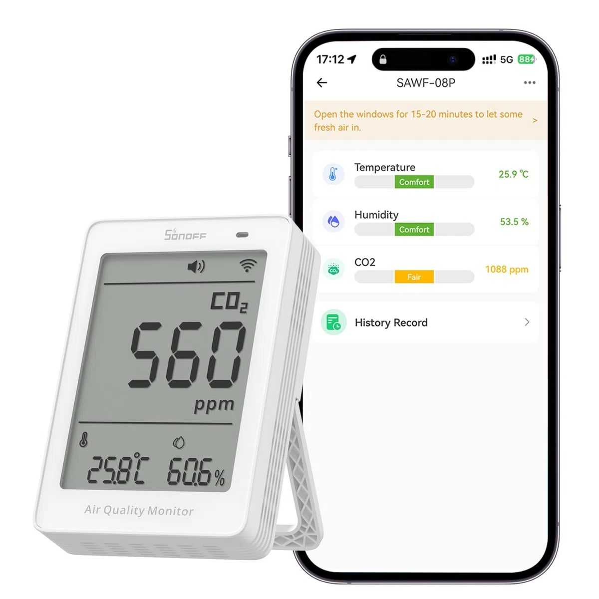 SONOFF AirGuard CO2 Intelligenter Monitor für Raumluftqualität Matter-kompatibel 2,4 GHz WiFi CO2/Temp/Feuchte-Detektor