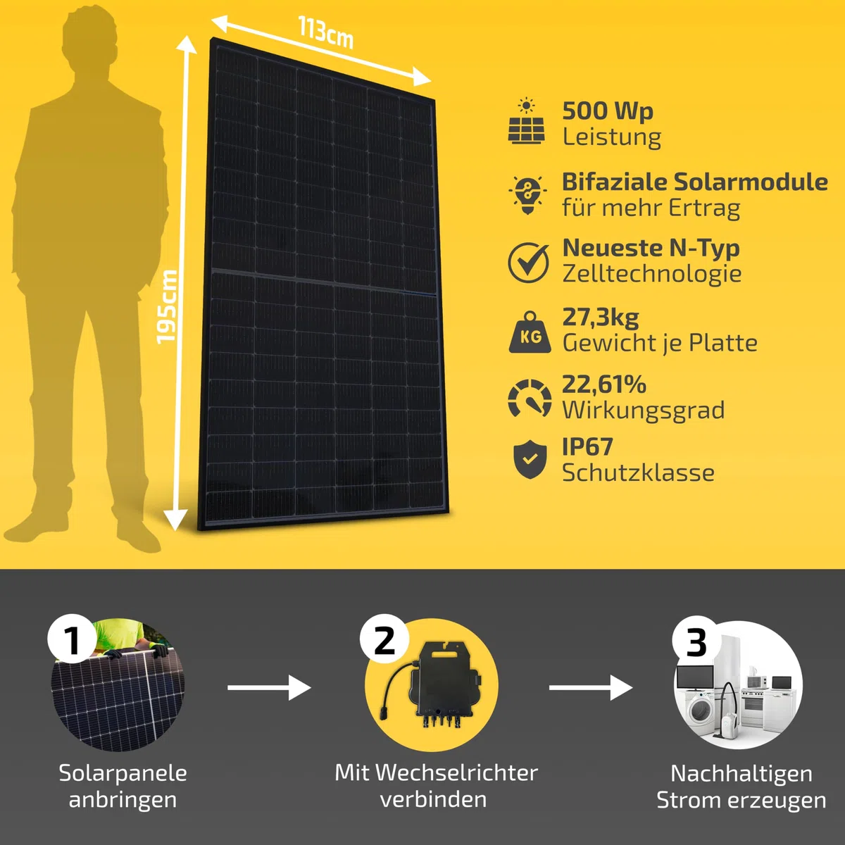 Solakon Solarpanel 500W Bifazial Glas-Glas N-Type Solarmodul 40V Full Black für Balkonkraftwerk Solaranlage (2 Stk)