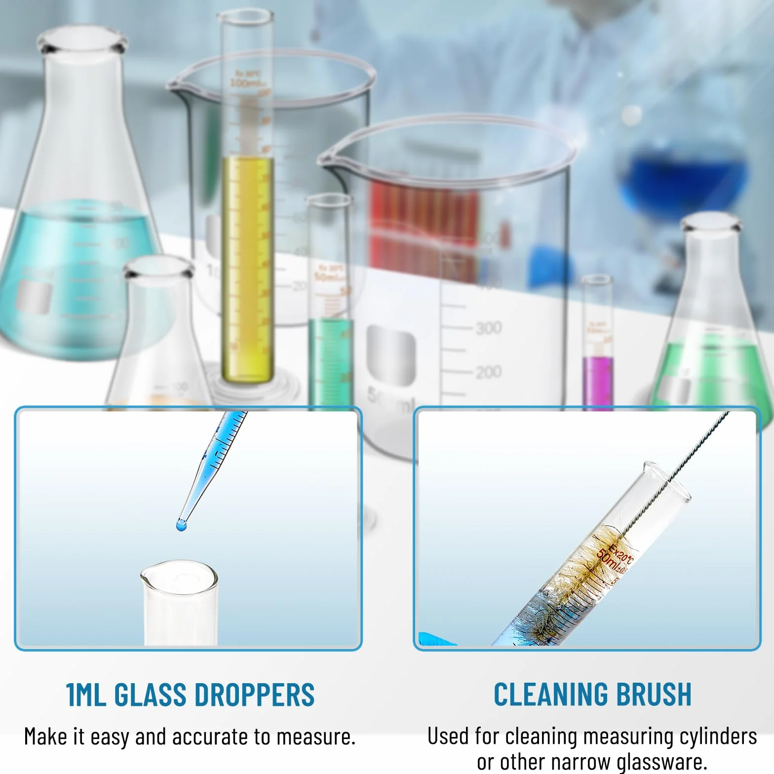 14 Stück Messbecher Glas 50/100/500 ml, Glasflasche 50/100/250 ml, Glasgraduierter Zylinder 10/50/100 ml mit 1 Pinsel, 2 Durchmessern und 2 Tropfen Becherglas Set für Wissenschaft Labor