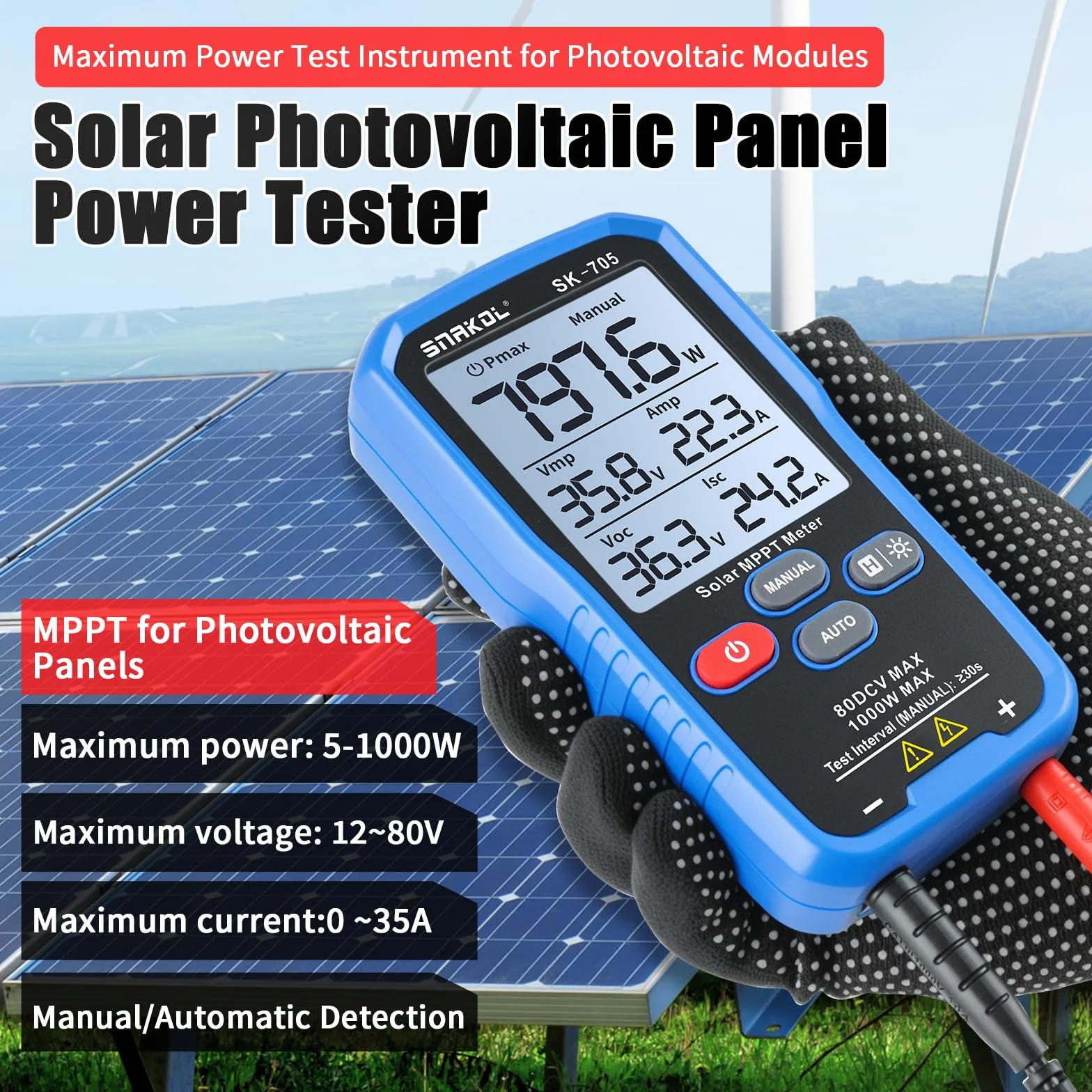 SK-705 Solar MPPT Leistungstester für Photovoltaikmodule, 1000 W, 80 V DC Max, 35 A, Automatische & Manuelle Leistungsmessung, Voc Isc Vmp Pmax, 3,2" LCD, Tragbarer PV-Tester