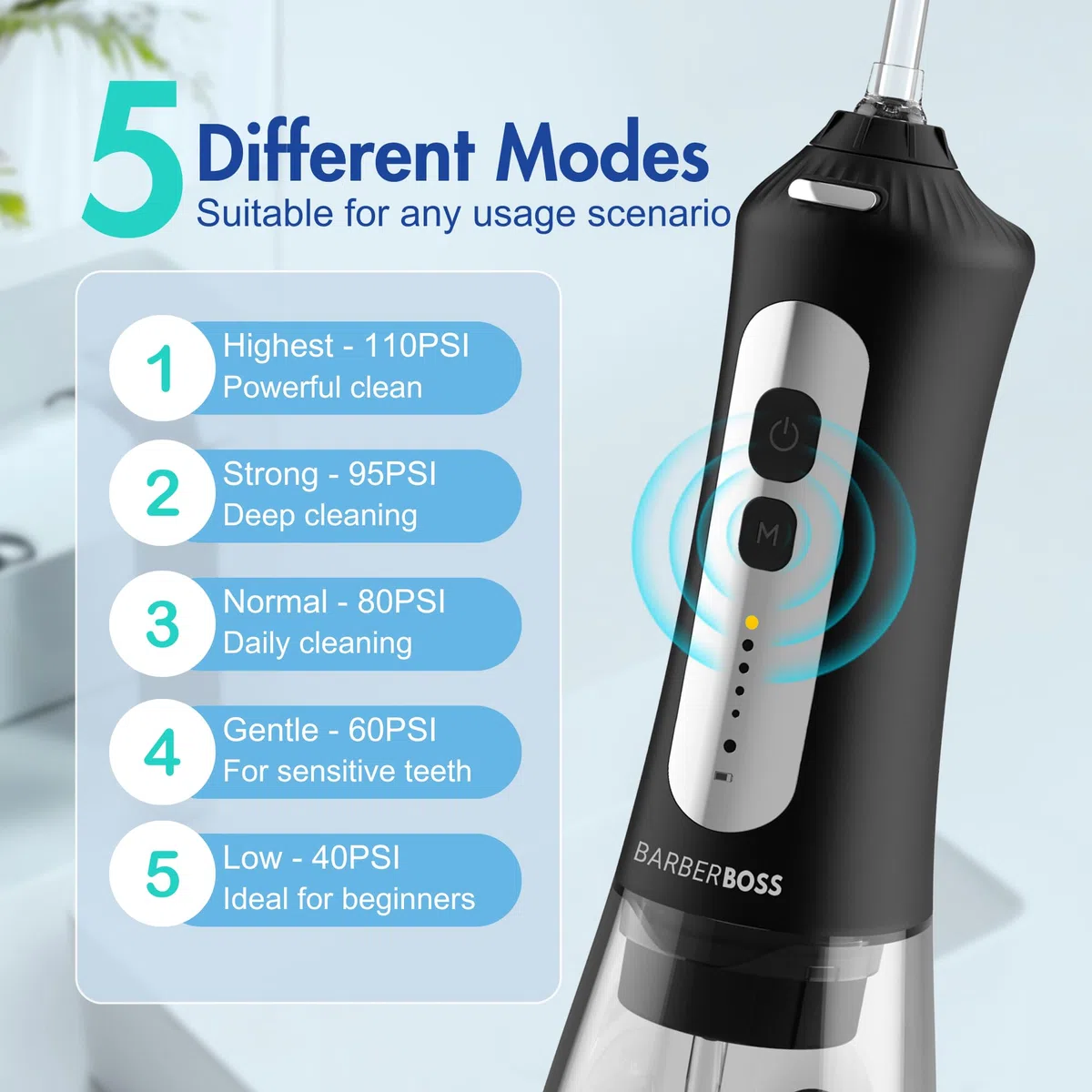 BarberBoss kabellose Munddusche IPX7 wasserdicht 5 Modi 6 Düsen LED-Display wiederaufladbar schwarz