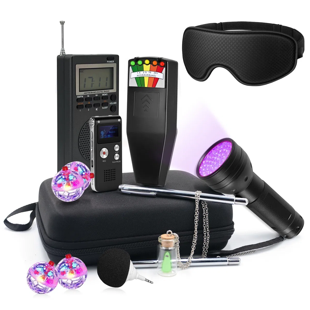 Geisterjagdausrüstung Starter-Set, EMF-Messgerät & bewegungsaktivierte Katzenbälle, tragbares Geisterdetektor-Set mit LED-Leuchtbällen