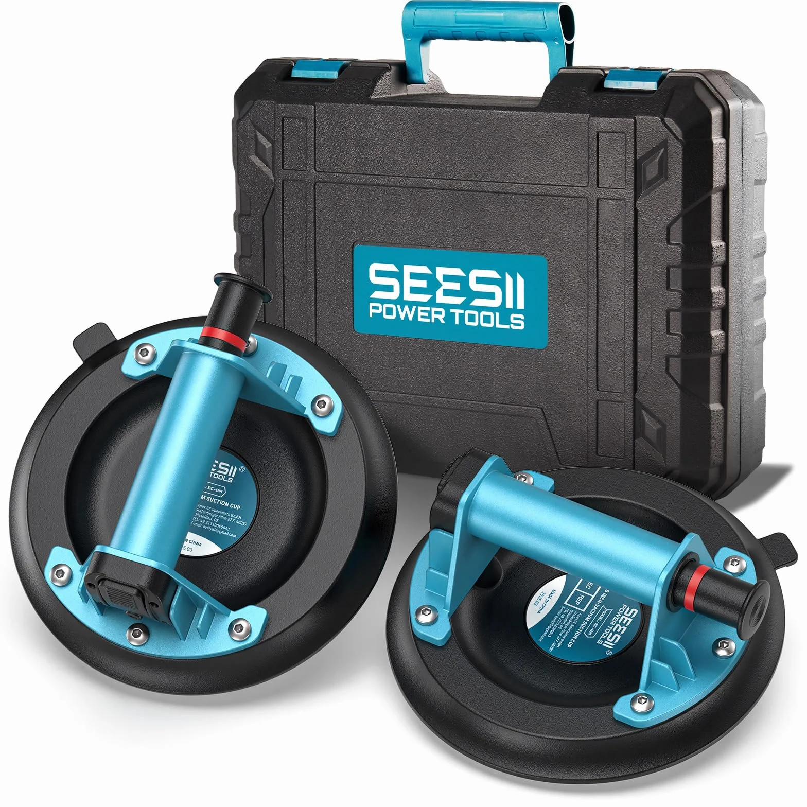SEESII Vakuum Saugheber Fliesen, 2er-Set 8" Glassauger Tragkraft Max.200KG, Fliesenheber für Glas, Marmor, Laminat & Terrassenplatten, Vakuumheber Glasheber mit Tragbarer Werkzeugkasten