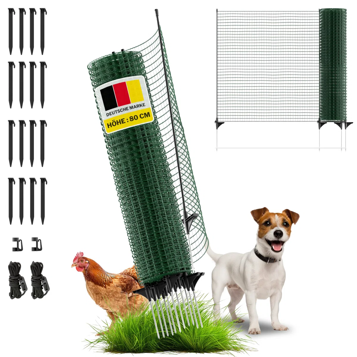 horizont Mobiler Hundezaun 20m x 80cm, 12 Pfähle – Steckzaun / Begrenzungszaun, engmaschiger Weidezaun, ideal als Hundezaun für Camping & Garten