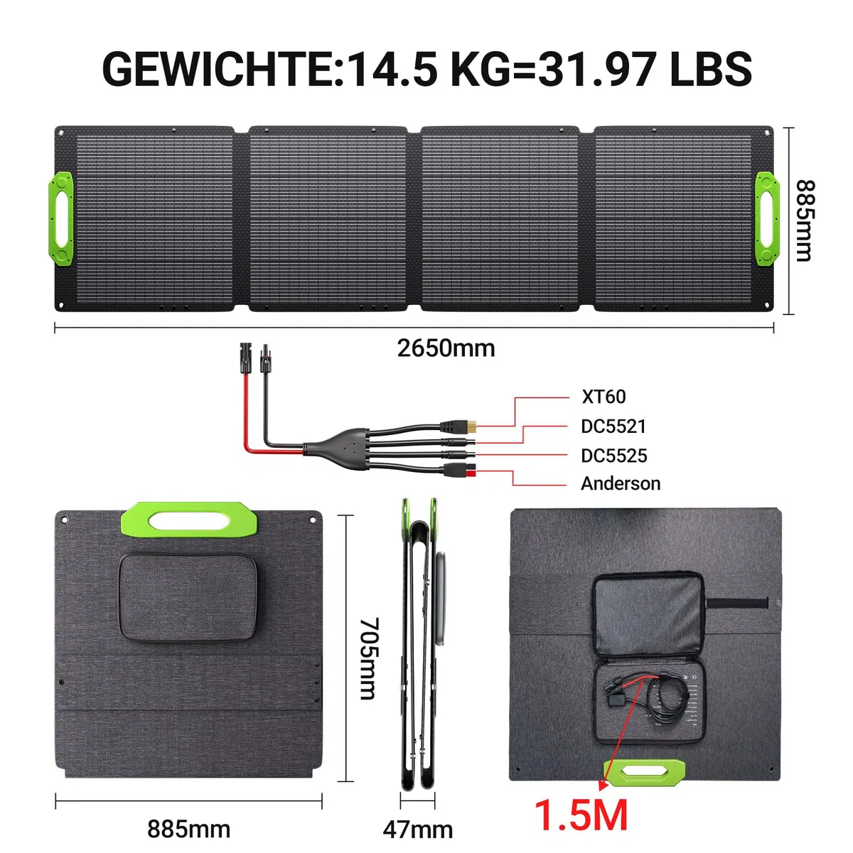 400W Solarpanel Faltbar, IP67 Wasserdicht mit Kickstand Tragbare Solarmodul, Für Camping, Wohnmobil, Tragbare Powerstation und Outdoor