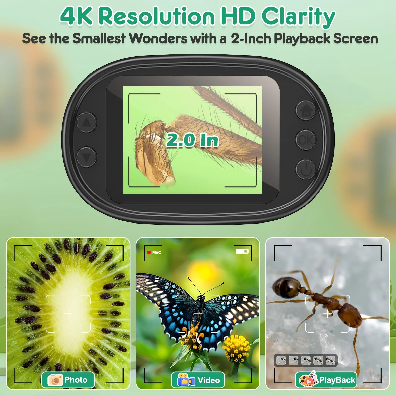 Digitales Handmikroskop 1000X mit 2,0" 4K Bildschirm, wiederaufladbares Set inkl. 32GB Speicherkarte & EVA Transportkoffer