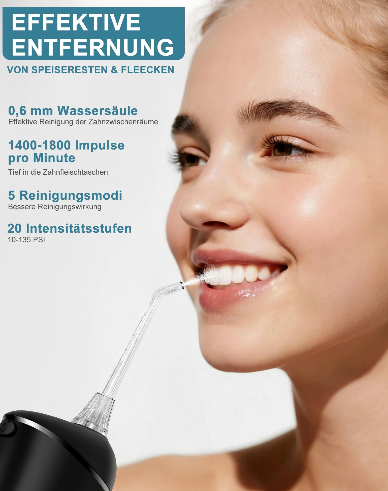 Munddusche Kabellos Testsieger 2026 5 Modi 20 Wasserdruck 3 Intensitäten 5 Düsen 300ML Wassertank IPX7 Wasserdicht