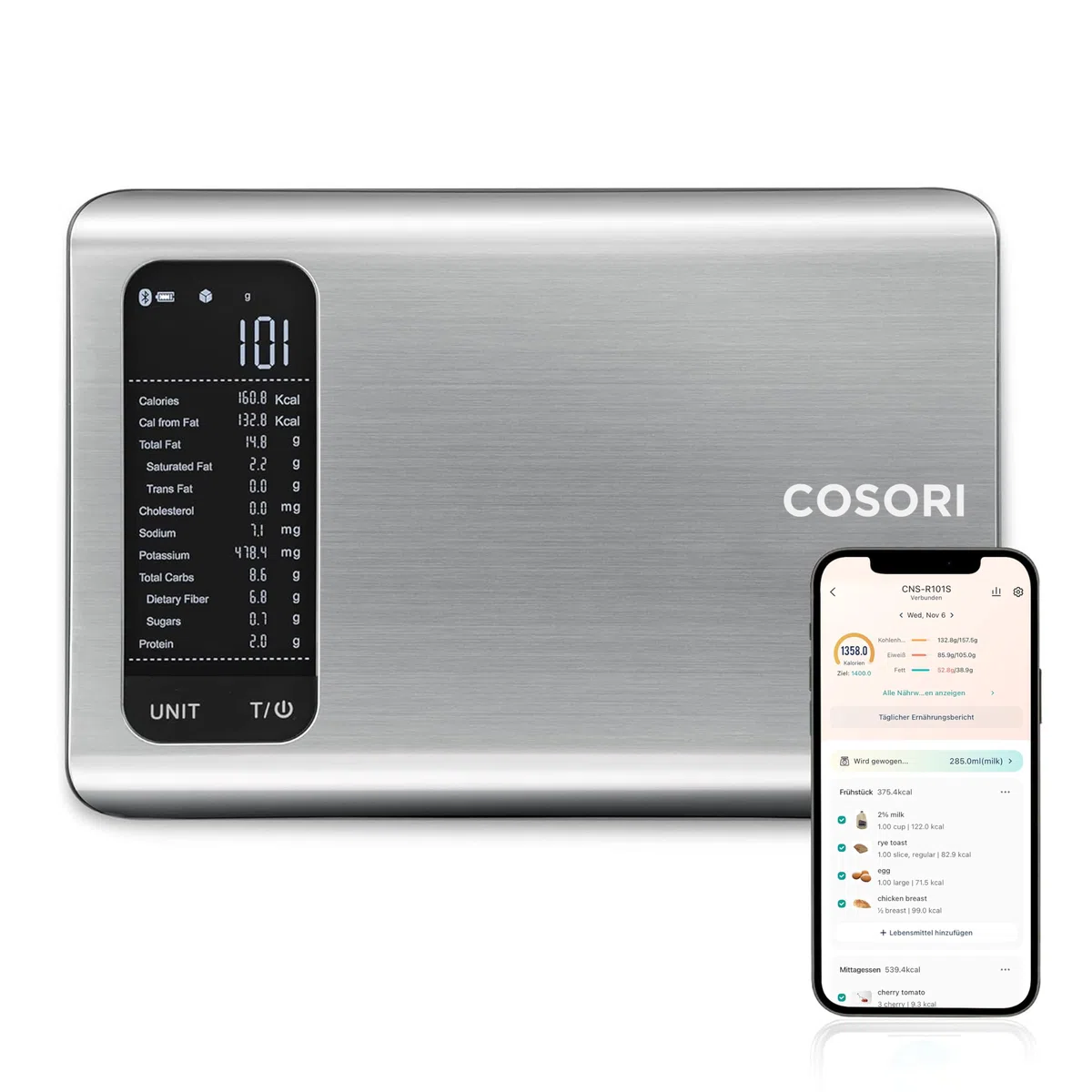 Cosori Küchenwaage digital mit Nährwertberechnung, Edelstahl, 5KG-1g, Silber
