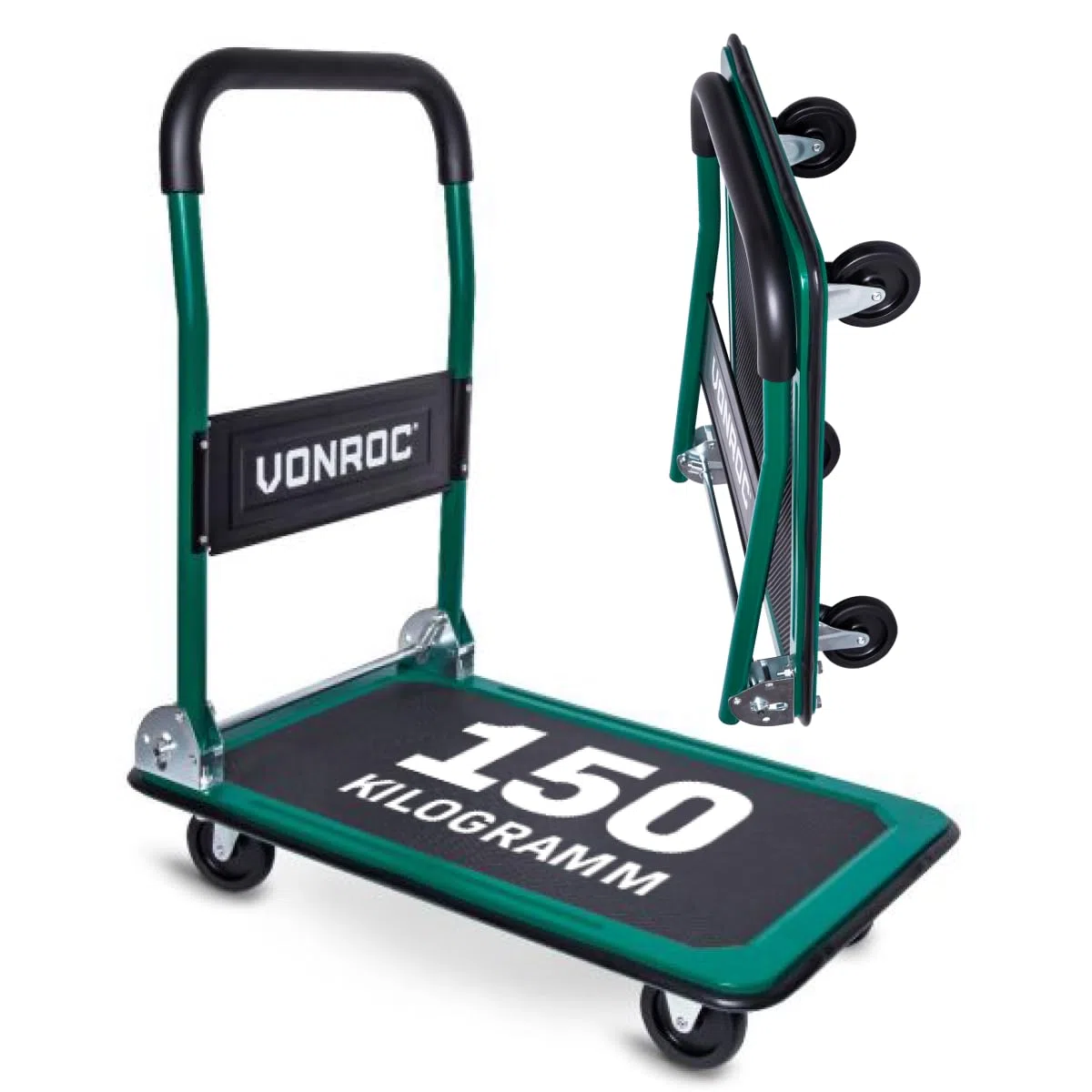 VONROC Transportwagen klappbar 150kg - Plattformwagen als Transporthilfe - Rollwagen mit Griff
