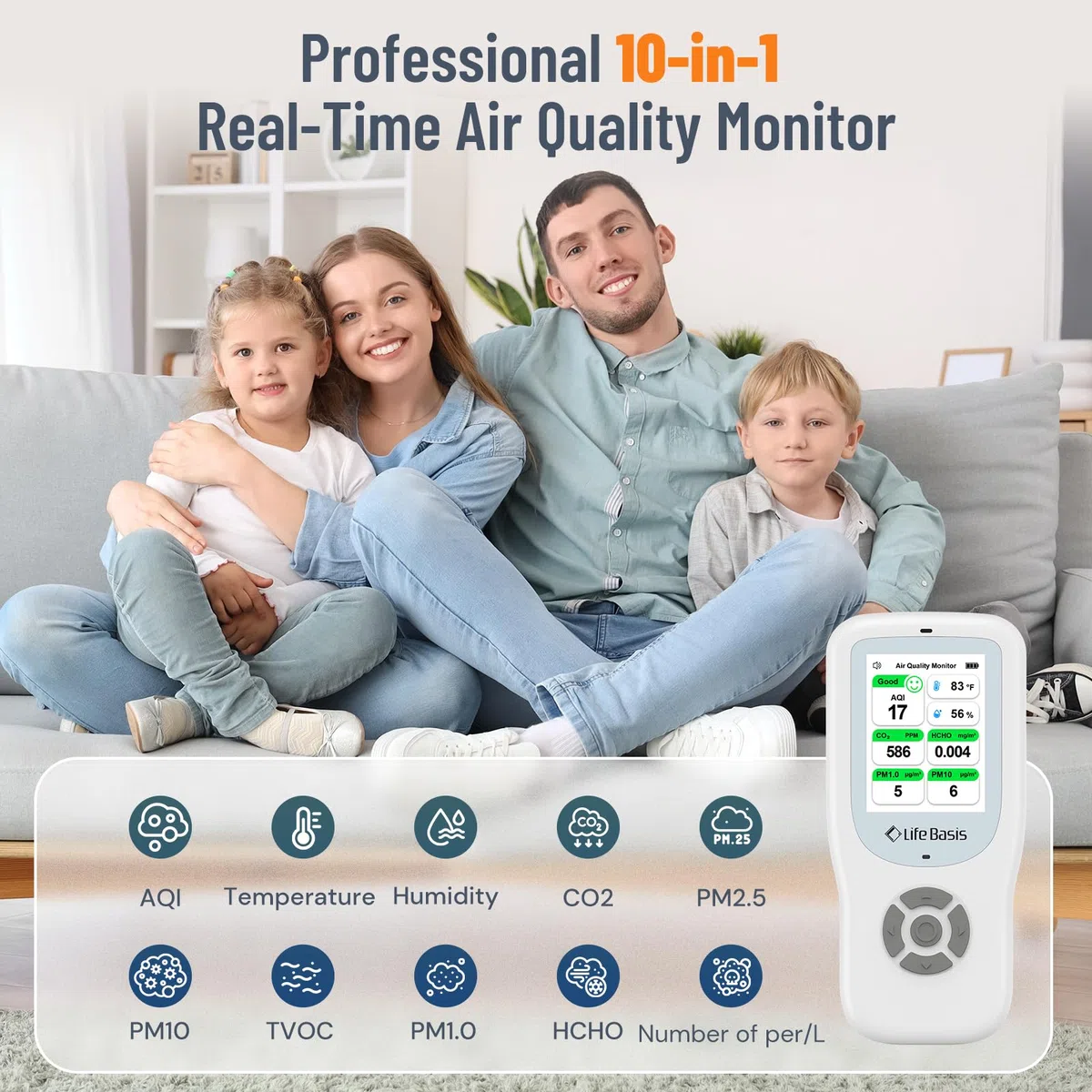 LifeBasis 10 in 1 Raumluftqualitätsdetektor Formaldehyd-Detektor AQI-Verschmutzungsmonitor PM2.5/PM10/HCHO/TVOC/CO2 Temperatur Luftfeuchtigkeit USB Aufladbar