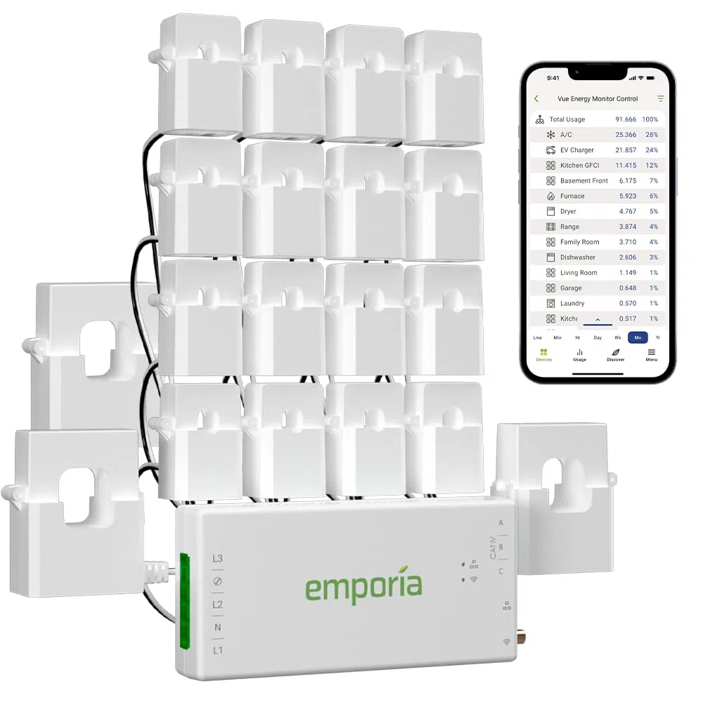 Emporia Vue 3 3-Phasen Smart Home Energy Monitor – Gerät zur Haus- und Gebäudeautomatisierung mit Echtzeit-Stromverbrauchsanzeige, Energiezähler, Solar- und Net-Metering mit 16 Stromkreissensoren