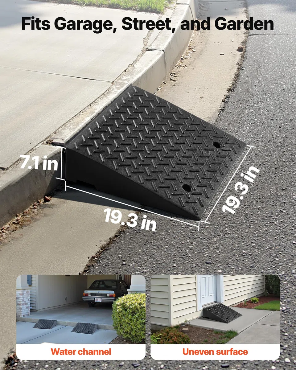 VEVOR Bordsteinrampe für Einfahrten, Schwellenrampe 3175 kg Tragkraft, 18 cm Höhe, Übergangsrampe mit Ablauftank für Rollstühle, Kinderwagen, Motorräder, Autos, Rasenmäher & Anhänger, 2er-Pack