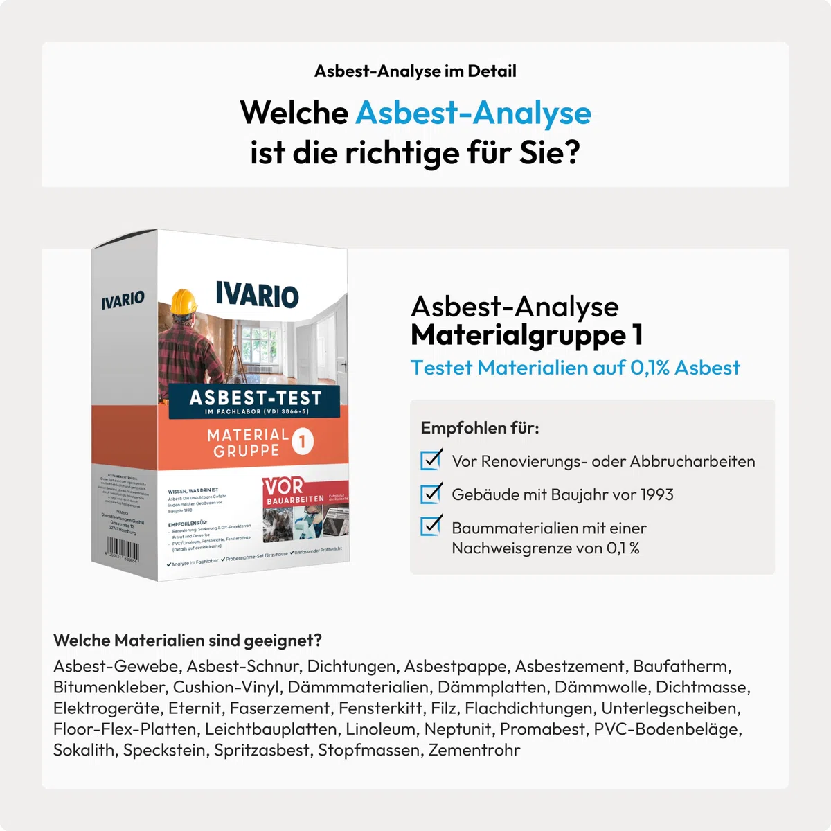 IVARIO Asbest-Test für Dämmplatten, Eternit, Linoleum, Fensterkitt, Zement, PVC, Dichtungen, Bitumenkleber, Cushion-Vinyl