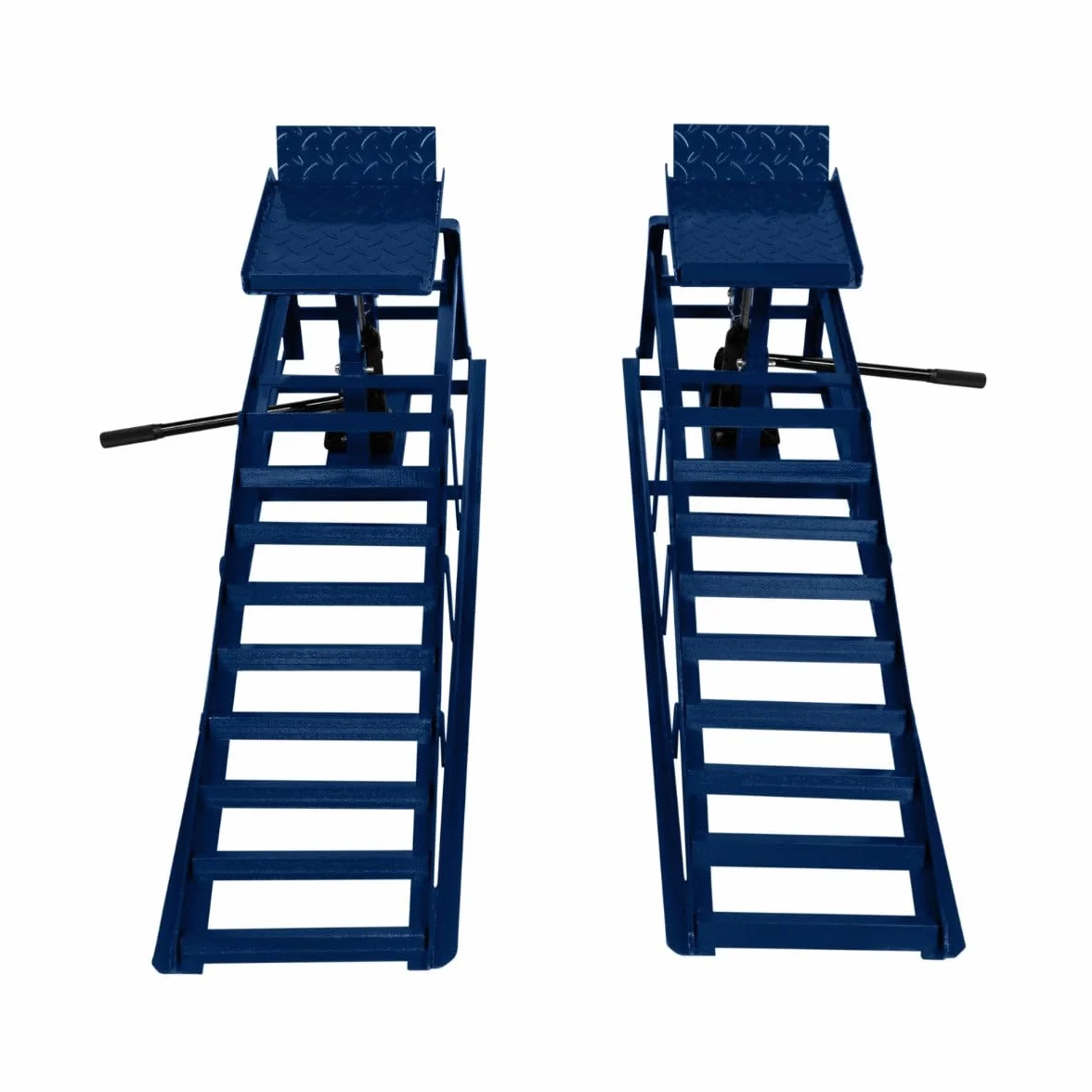 2x Auffahrrampen Set mit hydraulischem Wagenheber 3T 3000kg | Garage Werkstatt Auto PKW KFZ | 270-390mm höhenverstellbar | 34x26cm Plattform | 245mm Max Reifenbreite | Blauer Stahl + Sicherungsbolzen