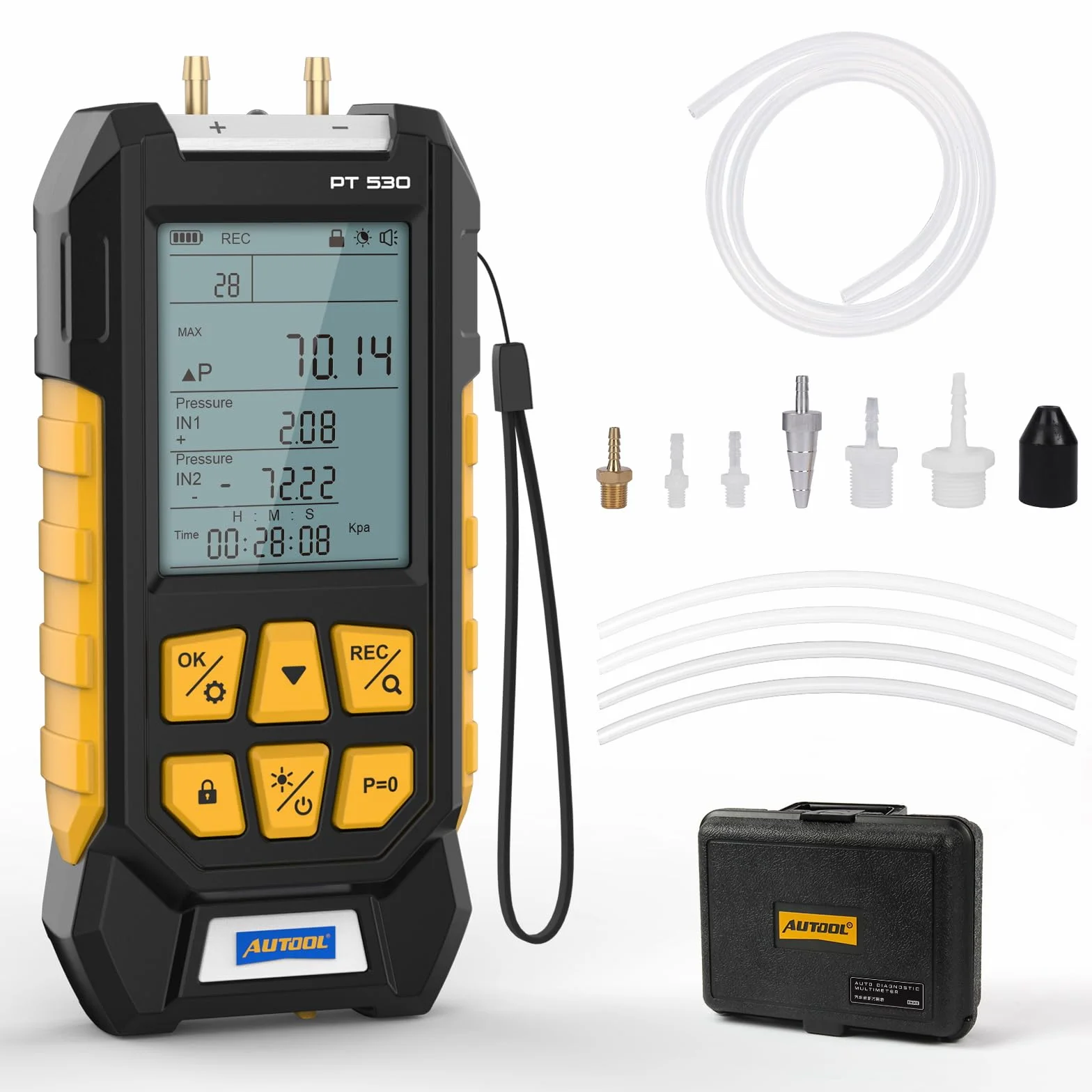 AUTOOL Manometer Digital, PT530 HLK Manometer, -1000~3000mbar / -100~300Kpa, ±0,25% FS Genauigkeit, Differenzdruckmessgerät met Adapter, Taschenlampe, 10 wählbaren Einheiten, Werkzeugkasten