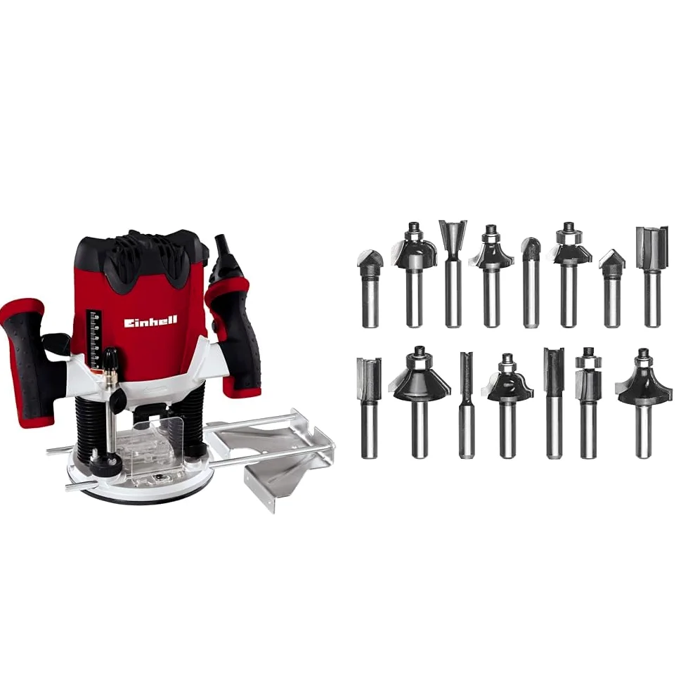Einhell Oberfräse TE-RO 1255 E (1200 W, Spannzange Ø 6 und 8 mm, 55 mm Hubhöhe, elektronische Drehzahlregulierung, Spindelarretierung, inkl. 15 TLG. Fräser-Set)