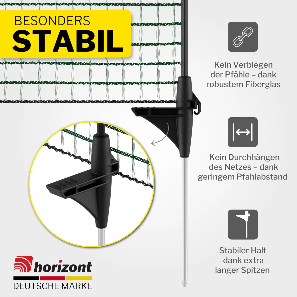 horizont Mobiler Hundezaun 20m x 80cm, 12 Pfähle – Steckzaun / Begrenzungszaun, engmaschiger Weidezaun, ideal als Hundezaun für Camping & Garten