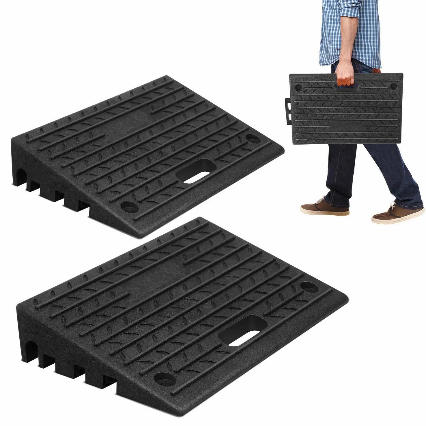 2 Stück Bordsteinrampe Gummi 10cm Hoch Tragbar mit Griff Rampe für Bordsteine, Rollstuhl, Auto Auffahrrampe Türschwellenrampe (50x32x10 cm)