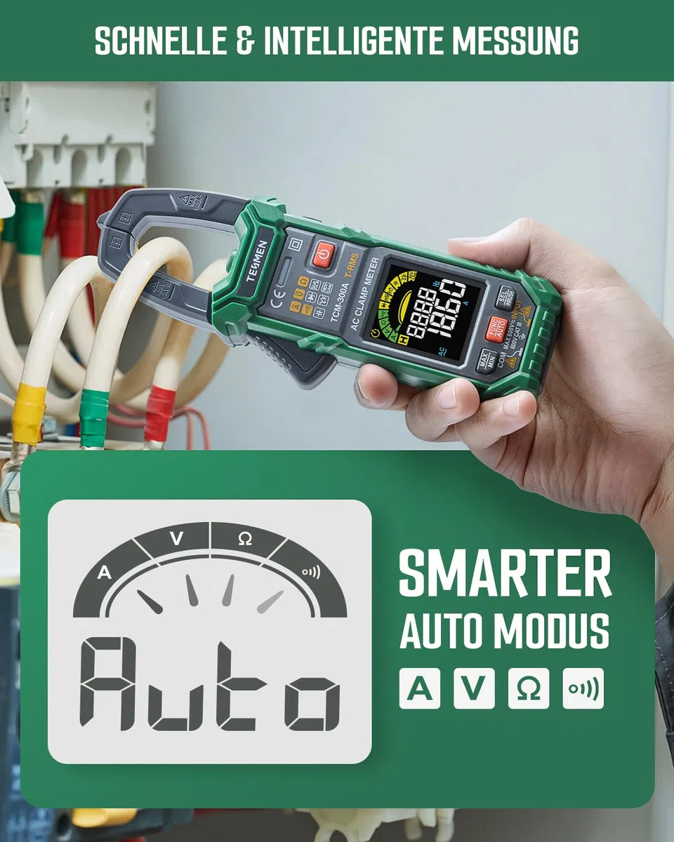 TESMEN TCM-300A Digital Clamp Meter 6000 Counts T-RMS Amperemeter Auto-Ranging Multimeter Voltmeter mit AC-Strom AC/DC Spannung NCV/Live Wire Einschaltstrom Widerstand Diode Temperatur – Grün