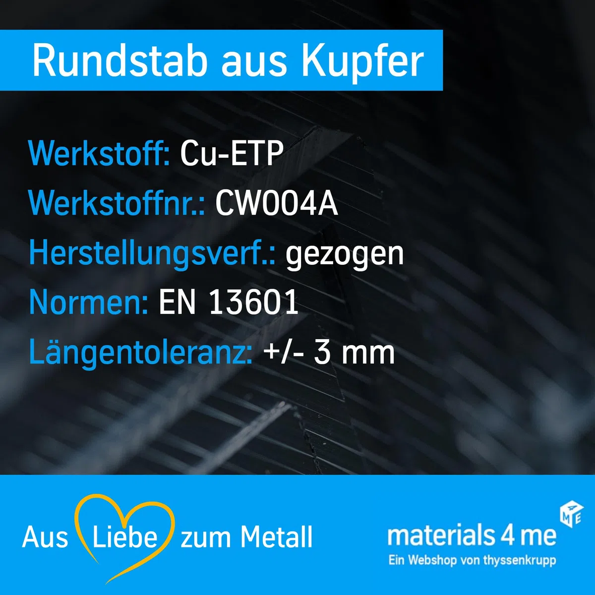 thyssenkrupp Kupfer Rundstab – Kupferstange Kupferstab Rundprofil Rundmaterial Vollmaterial – CW004A Cu-ETP – Ø 12 mm, 2000 mm Länge