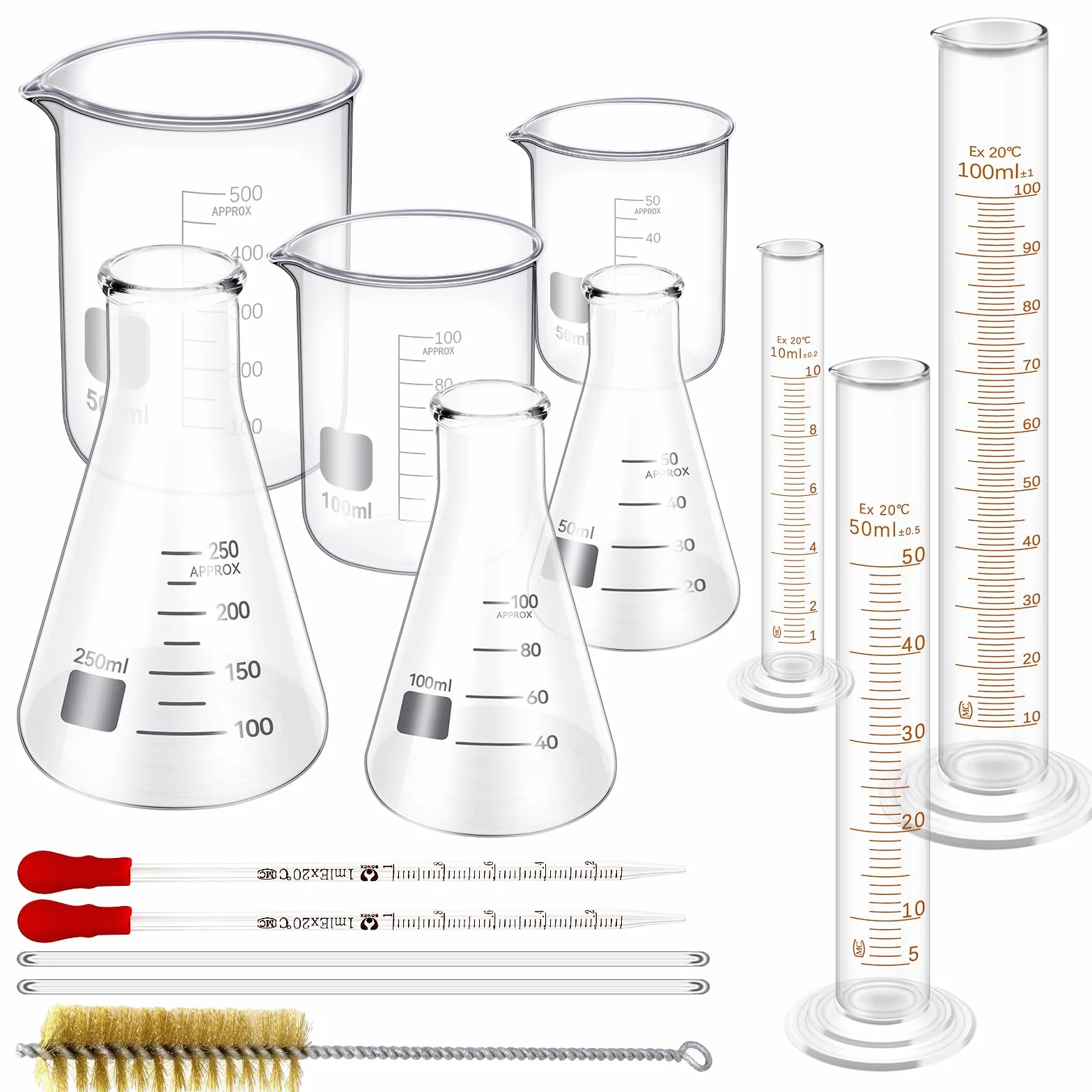 14 Stück Messbecher Glas 50/100/500 ml, Glasflasche 50/100/250 ml, Glasgraduierter Zylinder 10/50/100 ml mit 1 Pinsel, 2 Durchmessern und 2 Tropfen Becherglas Set für Wissenschaft Labor