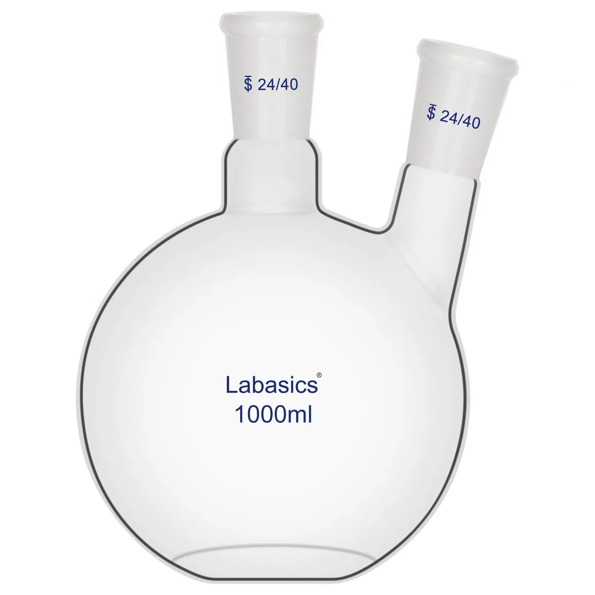 Labasics 2-Hals-Kolben mit Rundboden, 24/40 Schliff, Borosilikatglas, Hitzebeständig für Destillation und Laborexperimente, 1000ml
