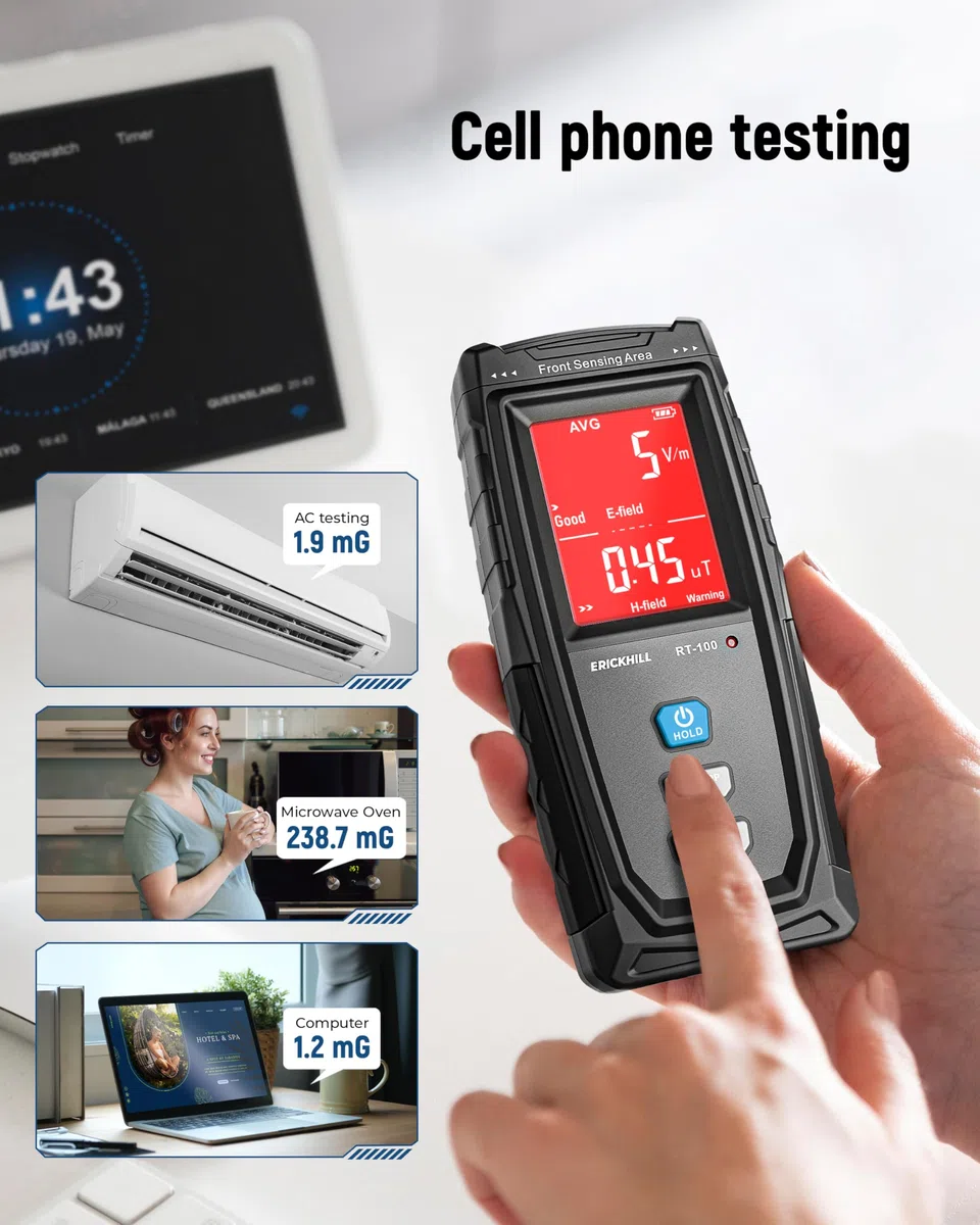ERICKHILL RT100 EMF-Messgerät Strahlungsdetektor elektromagnetische Felder LCD-Detektor TYPE-C Ladeanschluss
