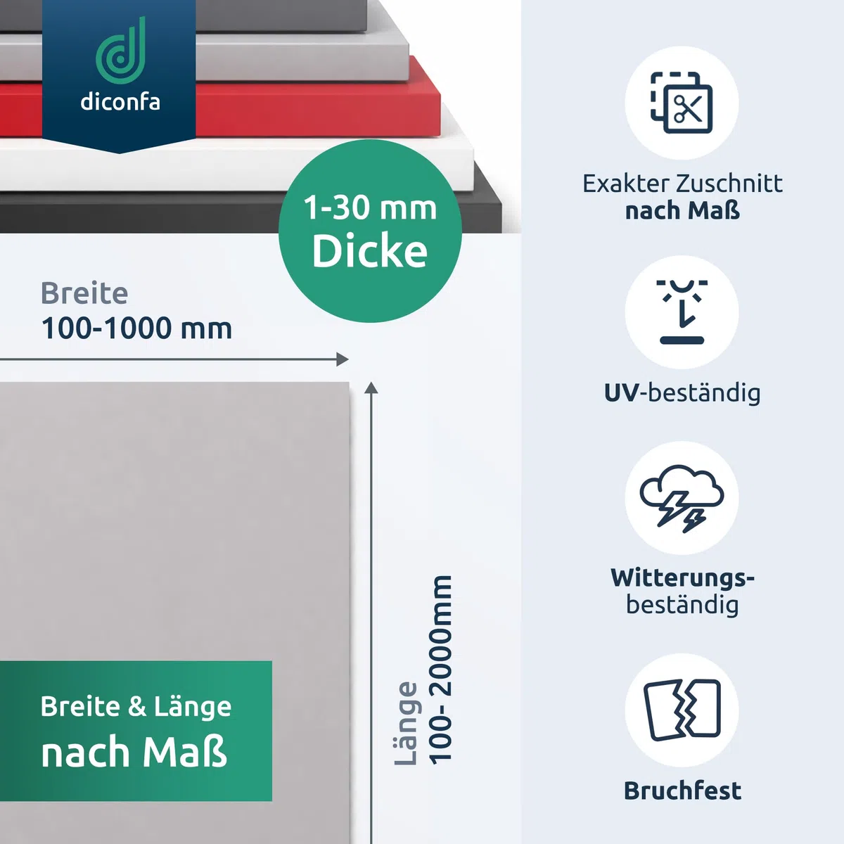 diconfa PVC Kunststoffplatte hellgrau NACH MAß - 2 bis 30mm stark - Auswahl: 100 x 1000mm (10 x 100cm), 15mm dick - hart seidenmatt - porenlos glatte Oberfläche - Platte maschinell gefertig