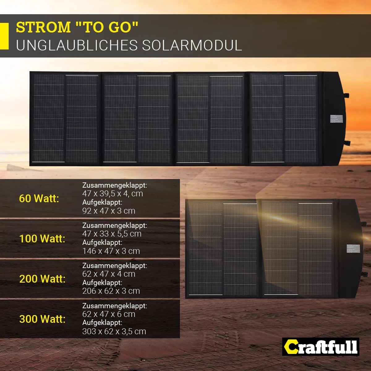 Craftfull Solarpanel faltbar | Solartasche Sunbalance - 60w 100w 200w 300w - Solar Ladegerät mit Tasche für tragbare Powerstation - Photovoltaik Solarmodul - USB Anschluss - Solargenerator (200 Watt)