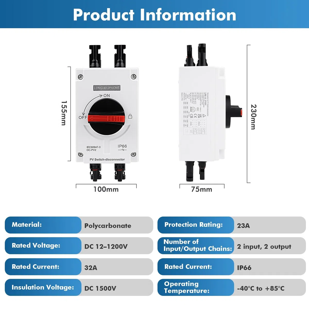 DC Trennschalter PV Anlage 32A 1200V, Solar-Trennschalter-Leistungsschalter DC Trennschalter Leistungsschalter PV Combiner Box,IP66 Wasserdicht, für Solar Photovoltaik (2 Eingänge,2 Ausgänge)