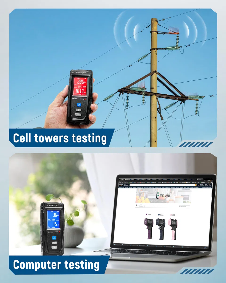 ERICKHILL RT100 EMF-Messgerät Strahlungsdetektor elektromagnetische Felder LCD-Detektor TYPE-C Ladeanschluss