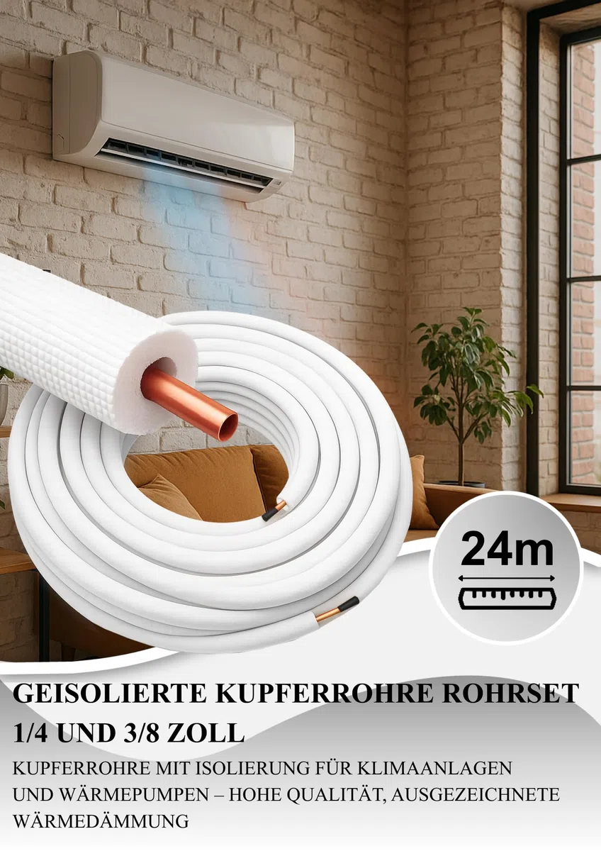 Black panda Kupferrohr-Set 1/4" & 3/8" – 2x24 m mit 9 mm Isolierung - Klimaanlagen Rohre aus hochwertigem Kupfer für Split-Klimageräte - Energieeffizient & korrosionsbeständig