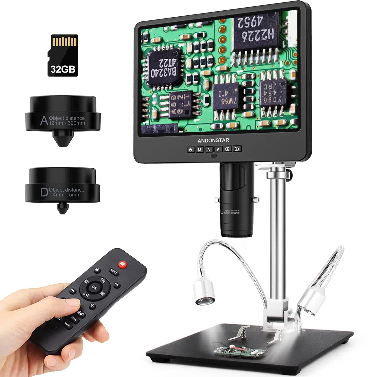Andonstar AD249S-M 10,1-Zoll HDMI Digitales Mikroskop 2000x 2160P UHD 3 Objektive mit 32G-Karte