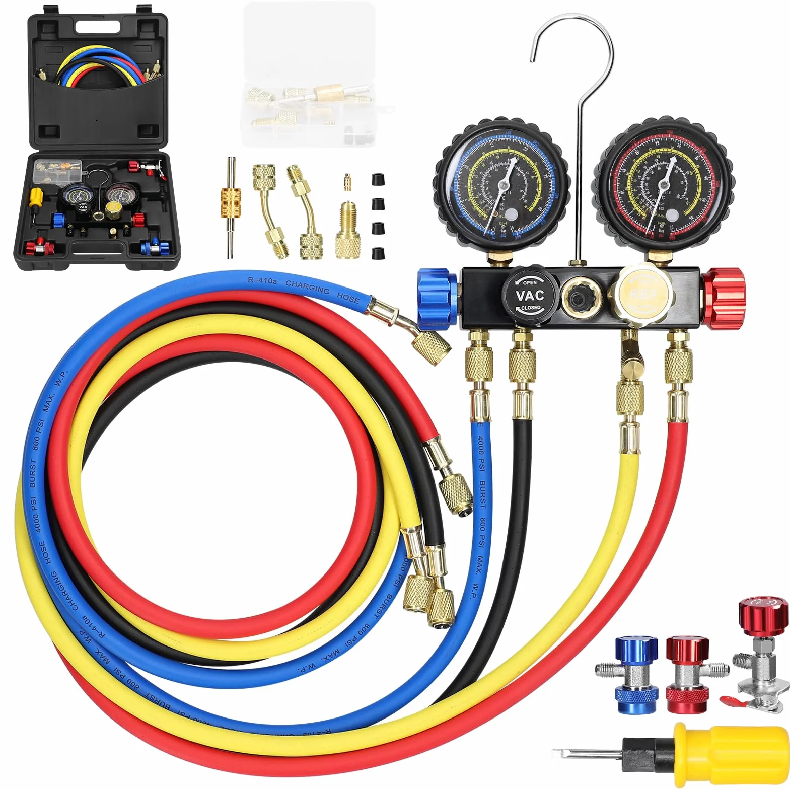 Weytoll Manometer-Set 4-Wege-Doppelventil 1,5 m Schlauch Messing-Schnellkupplungen für Klimaanlagen R22 R134a R410a