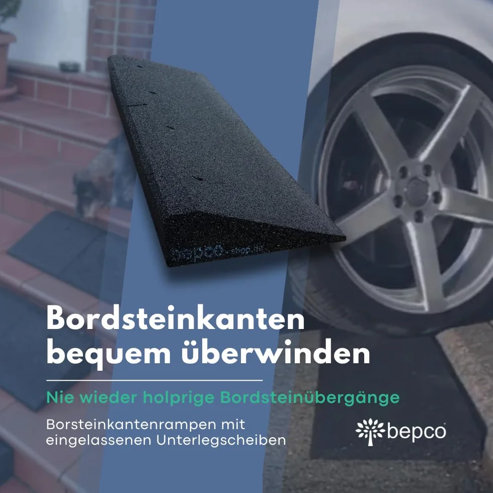 bepco Bordsteinkanten-Rampe, LxBxH: 100 x 25 x 4 cm aus Gummi (schwarz) Auffahrrampe,Türschwellenrampe, mit eingelagerten Unterlegscheiben zur Befestigung