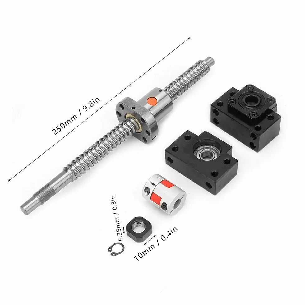 SFU1605 Kugelumlaufspindelsatz 250 mm Edelstahl-Kugelumlaufspindel & Mutter & BKBF12-Halterung & 6,35 * 10 mm Kupplung für CNC-Maschine