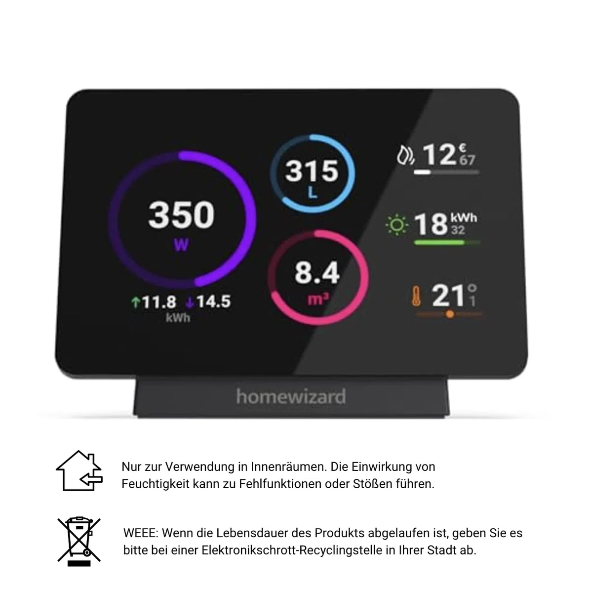 HomeWizard Energy Display, Echtzeitverbrauchsanzeige, Zubehör für P1/kWh/Watermeter, Schwarz