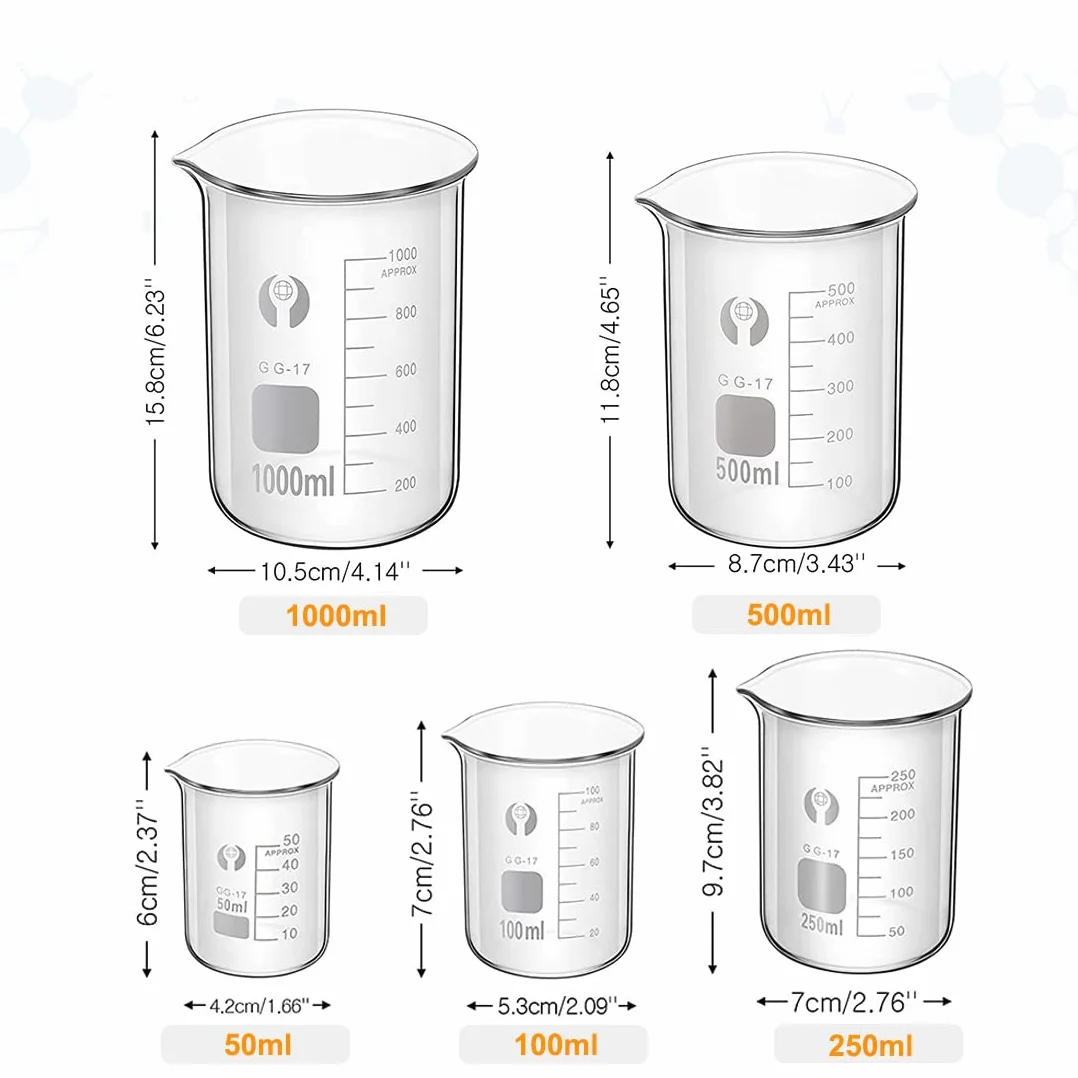 Becherglas Zylinder Pipetten Set, JESSTOLO 5 Stück Dickglas Graduierten Becherglas, 4 Stück Glasmesszylinder mit 3 Stück Glas Messpipetten Pipetten, 4 Stück Glas Rührstab und 2 Stück Waschbürste