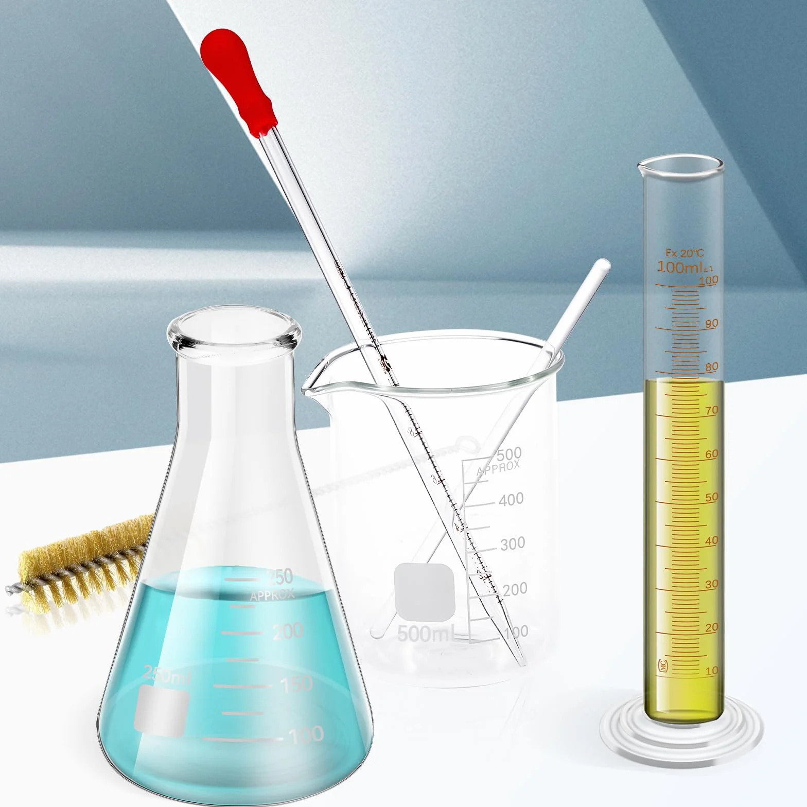 14 Stück Messbecher Glas 50/100/500 ml, Glasflasche 50/100/250 ml, Glasgraduierter Zylinder 10/50/100 ml mit 1 Pinsel, 2 Durchmessern und 2 Tropfen Becherglas Set für Wissenschaft Labor