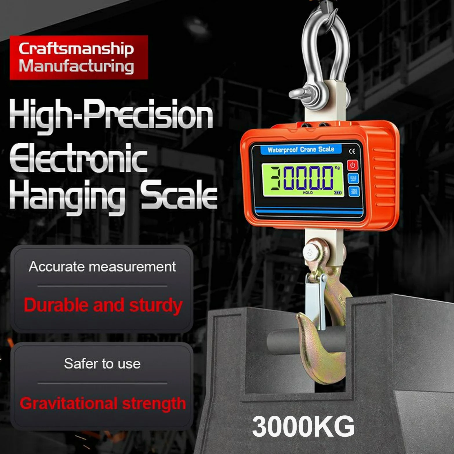 3T 3000KG Kranwaage Wiederaufladbar Smart Schwere Typ Crane Maßstab mit Alulegierung mit Präzisem Sensor von Luftfahrtqualität Elektronische Hängewaage Digital Haken Hängewaage