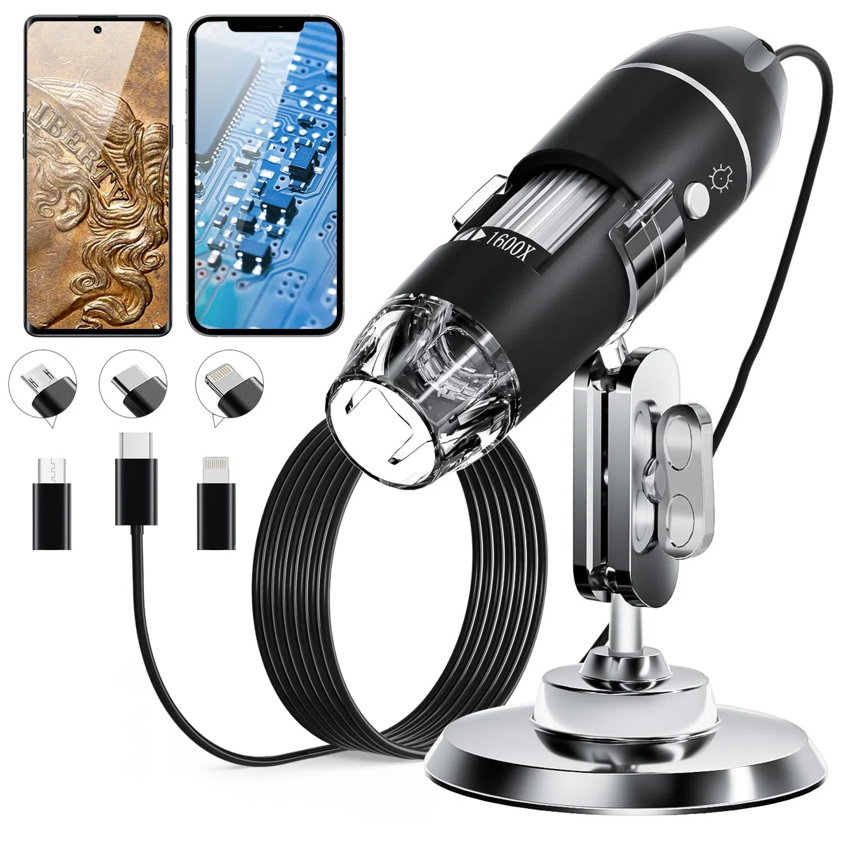 SKYBASIC USB Digital Mikroskop HD-Inspektionskamera 50-1600x Vergrößerung verstellbarer Ständer 8 LED-Leuchten kompatibel iOS Android