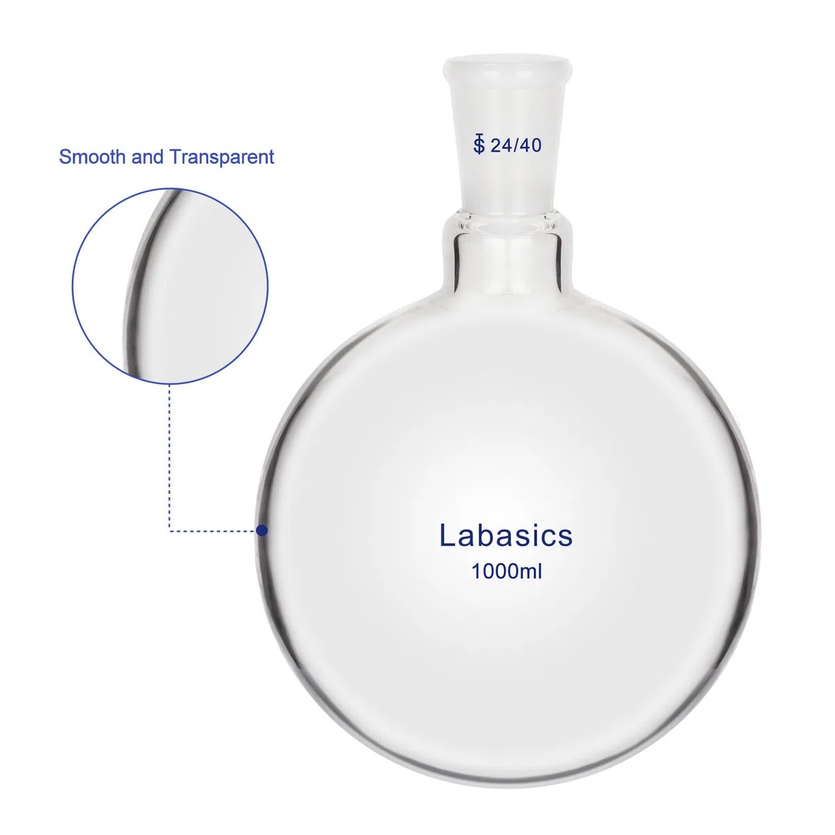 Labasics Glas-Rundkolben, Borosilikatglas, Dickwandiger Kurzhals-Rundkolben Einhals mit Einem 24/40 Normschliff-Außenkern, 1000 ml