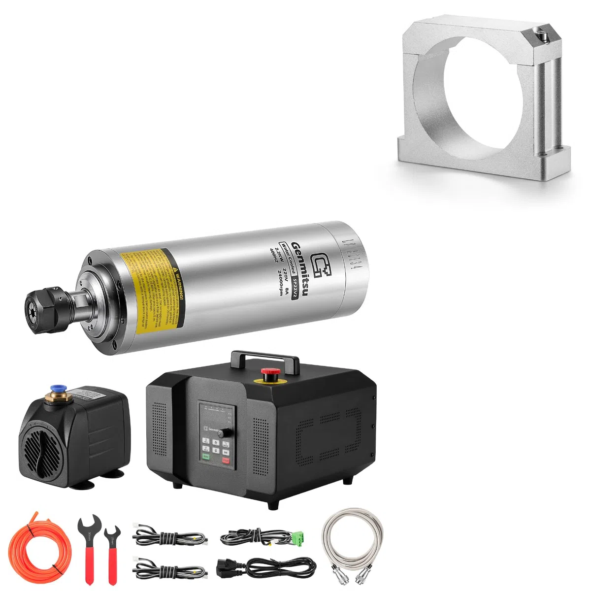 Genmitsu 2,2 kW CNC-Spindelmotor-Kit + Spindelmotorhalterung, 24.000 U/min, ER11-Spannzange mit vorverdrahtetem Frequenzumrichter und Pumpe für 4030V1/4030S/4030V2/2X2/4X4/6050
